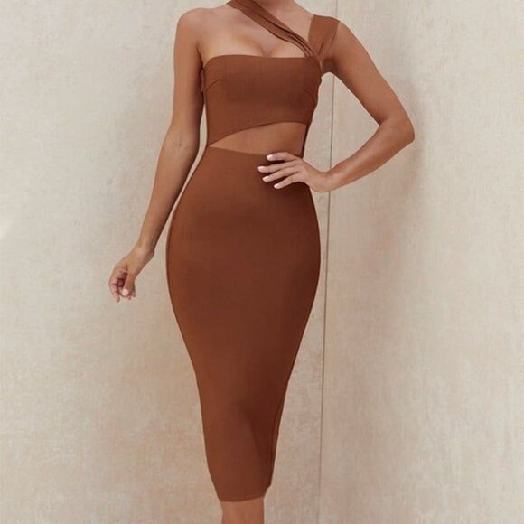 House of CB Aina Bodycon Bandage Midi Dress Brown Women's XS - Picture 1 of 4